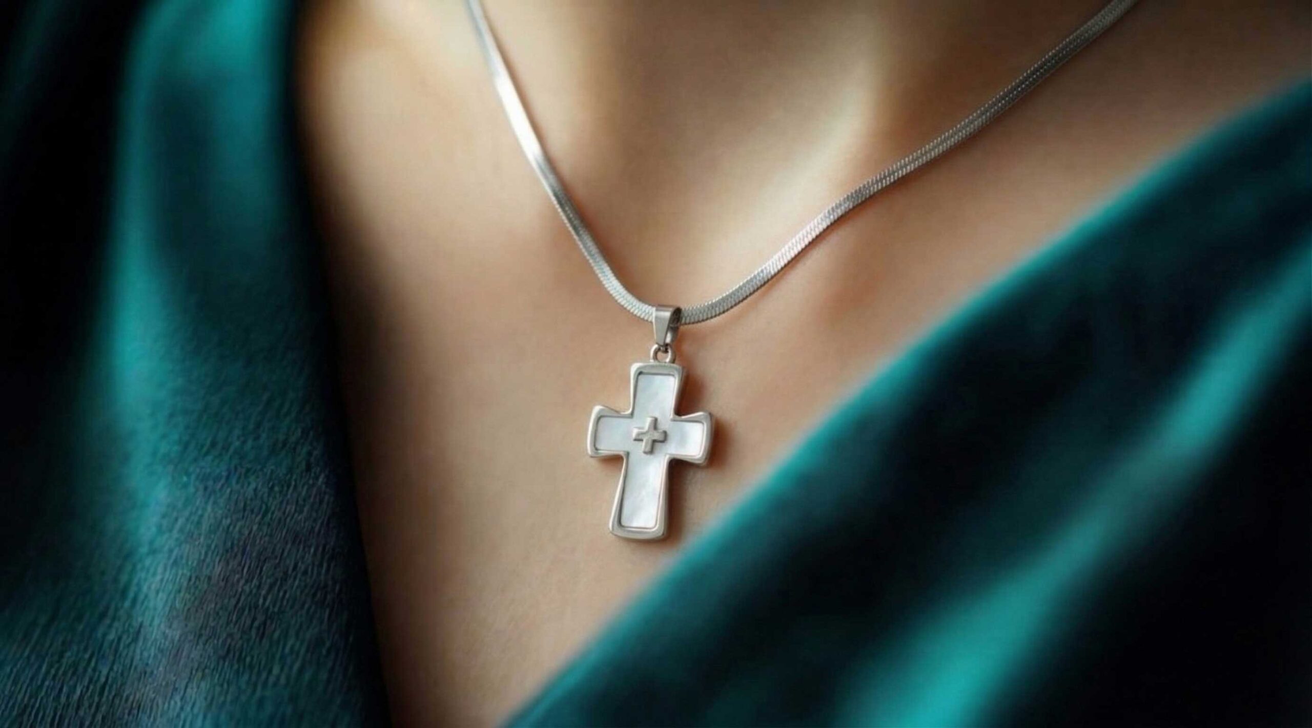 Silberne Kette mit Kreuzanhänger an einer Person getragen.