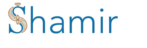 Logo von Shamir. Schriftzug "Shamir" in blau mit großen "S" am Anfang in blau und gold.