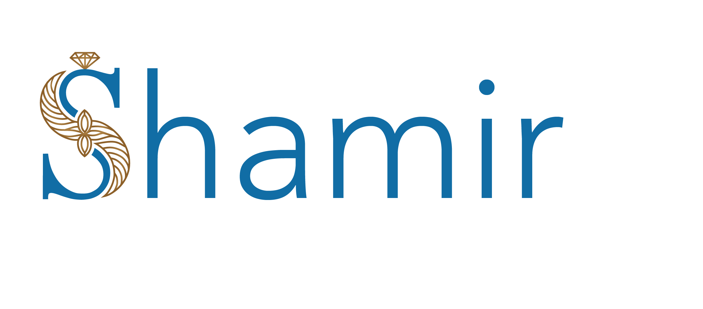 Logo von Shamir. Schriftzug "Shamir" in blau mit großen "S" am Anfang in blau und gold.
